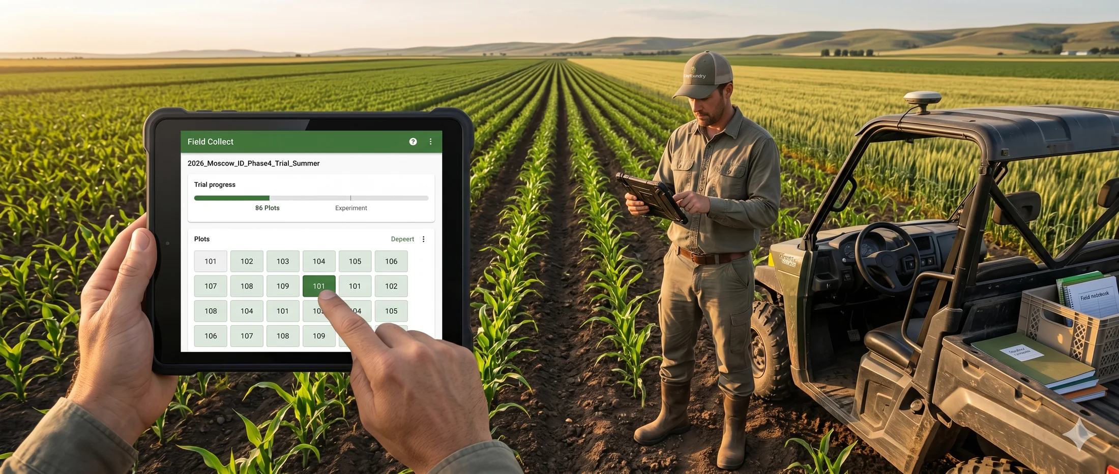 Breeding field team reviewing CropFoundry trial data on a tablet beside crop rows