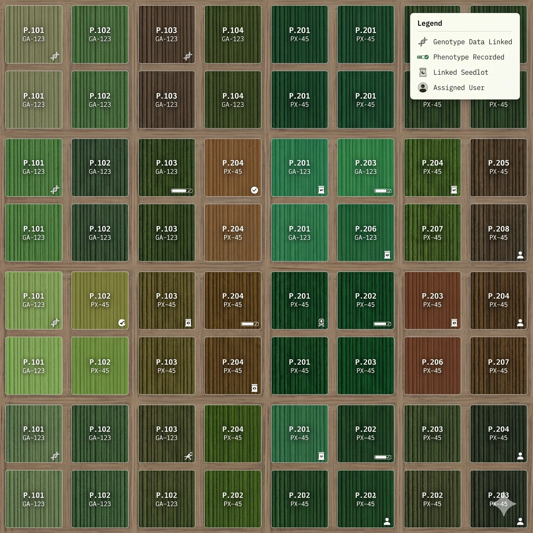 Aerial field grid with CropFoundry plot, genotype, phenotype, seedlot, and user status overlays
